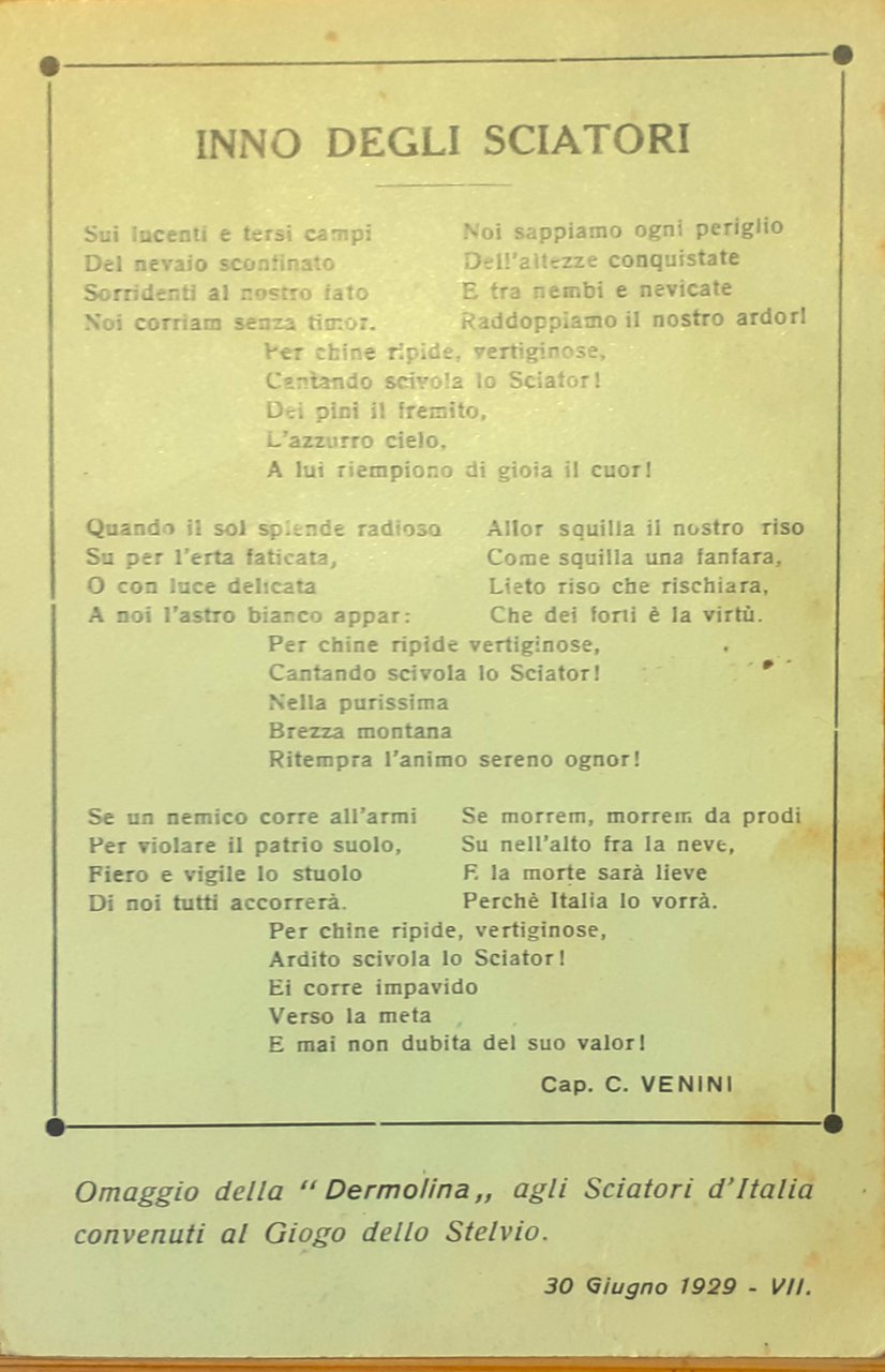 Cartolina "Inno degli sciatori" "Saluti dal Giogo sello Stelvio" 1929