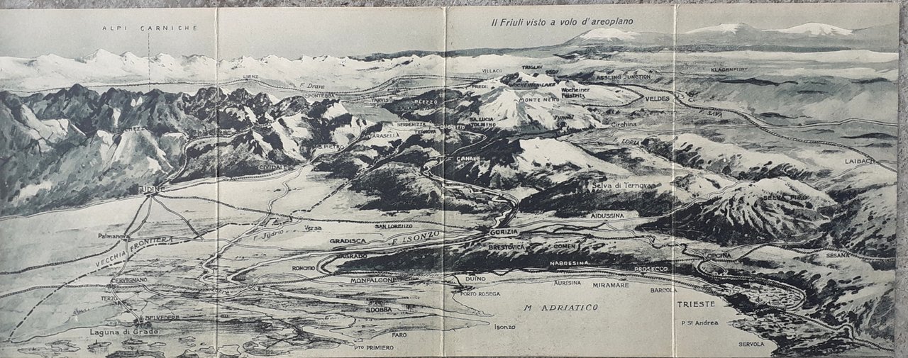 Cartolina panoramica ripiegata in 4 "Il Friuli a volo d'areoplano" … | Immagine principale