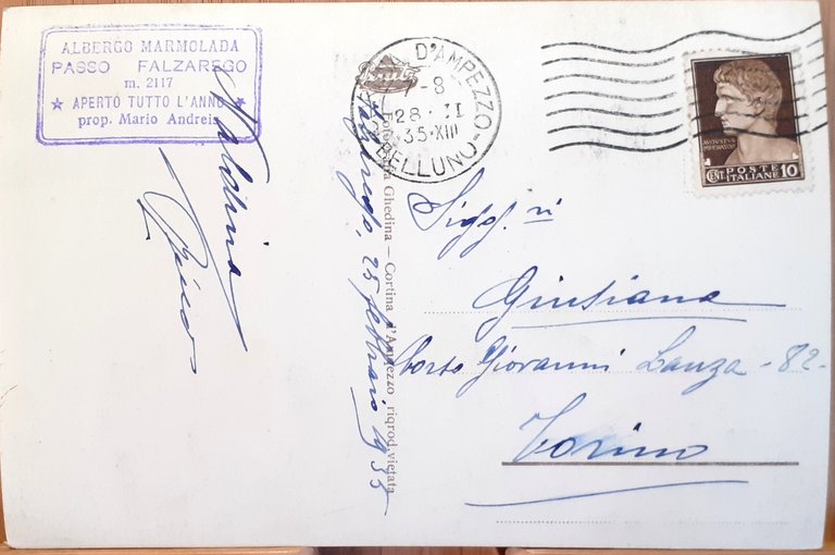 Cartolina Passo Falzarego Albergo Marmolada 1935
