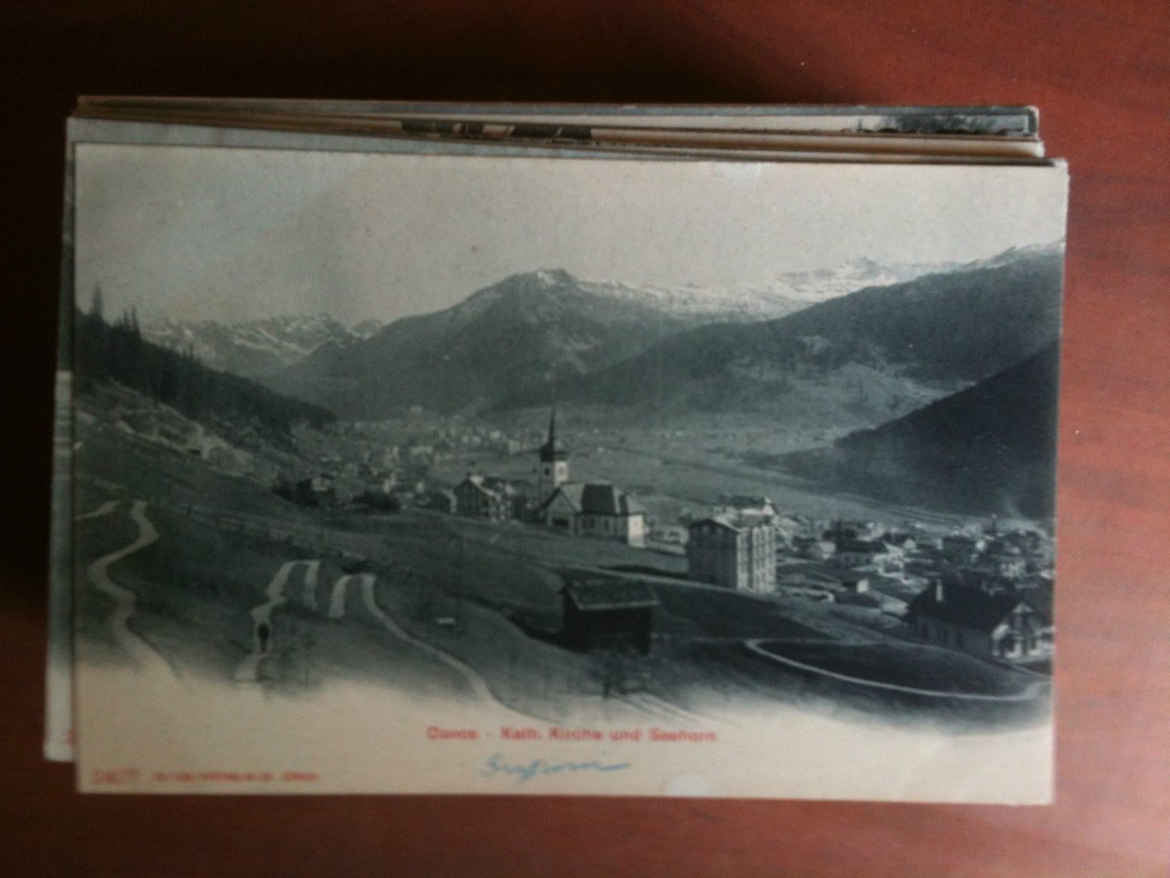 Cartolina Postkarte primi '900 Schweiz Davos Kirche und Seehorn - …