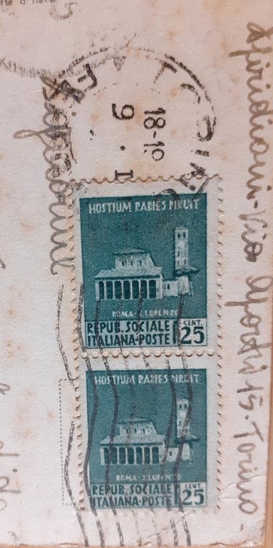 Cartolina viaggiata con due francobolli Hostium Rabies Diruit RSI