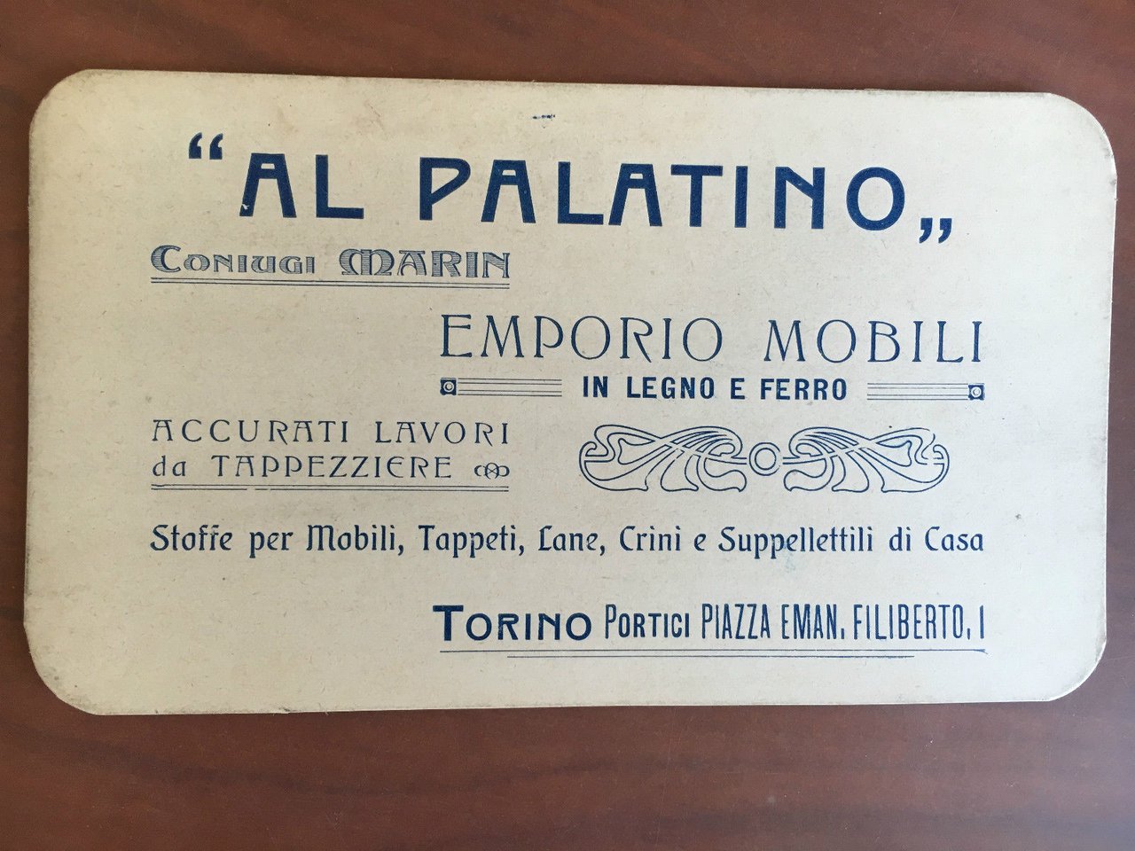 Cartoncino pubblicitario originale inizi '900 Al Palatino Coniugi Marin - …