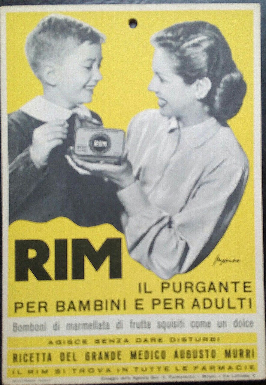 Cartoncino pubblicitario Purgante RIM anni '50