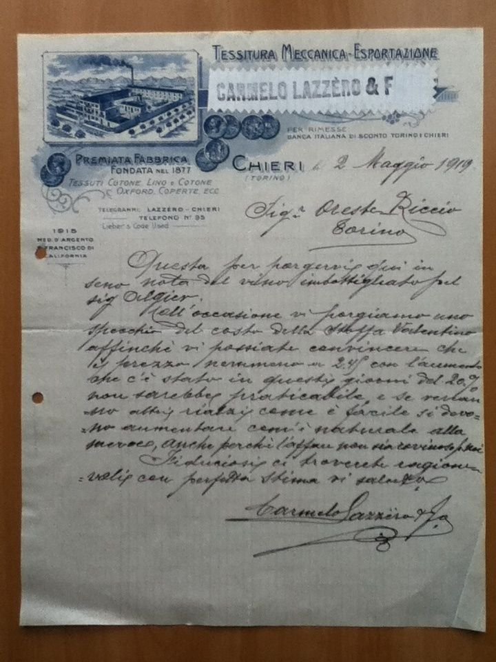 Certificato di esportazione originale 1919 Carmelo Lazzèro Tessitura meccanica | Immagine principale