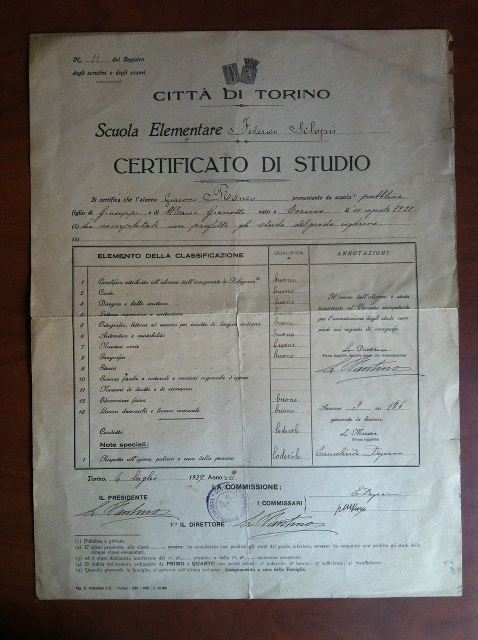 Certificato di studio Ascuola Elementare Torino 1929