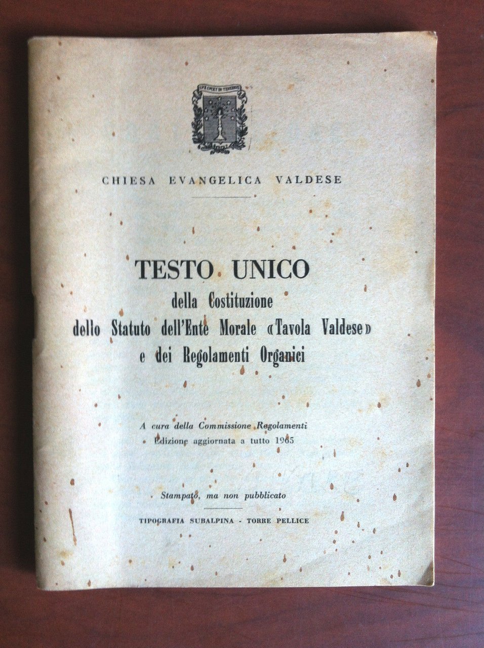 Chiesa Evangelica Valdese Testo Unico Costituzione 1965 - E11824