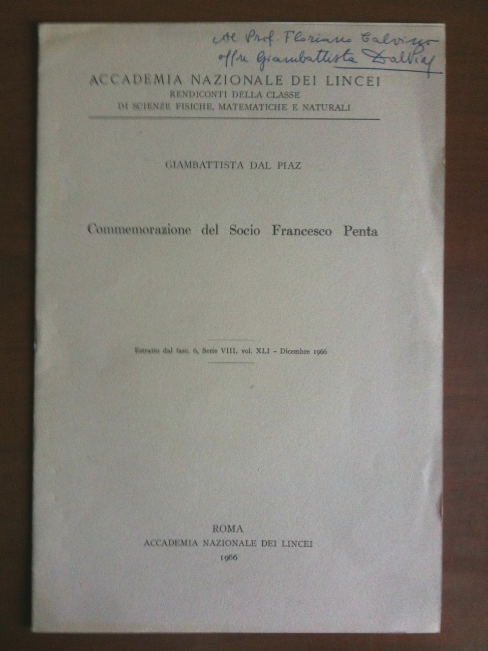 Comemorazione del socio Francesco Penta 1966