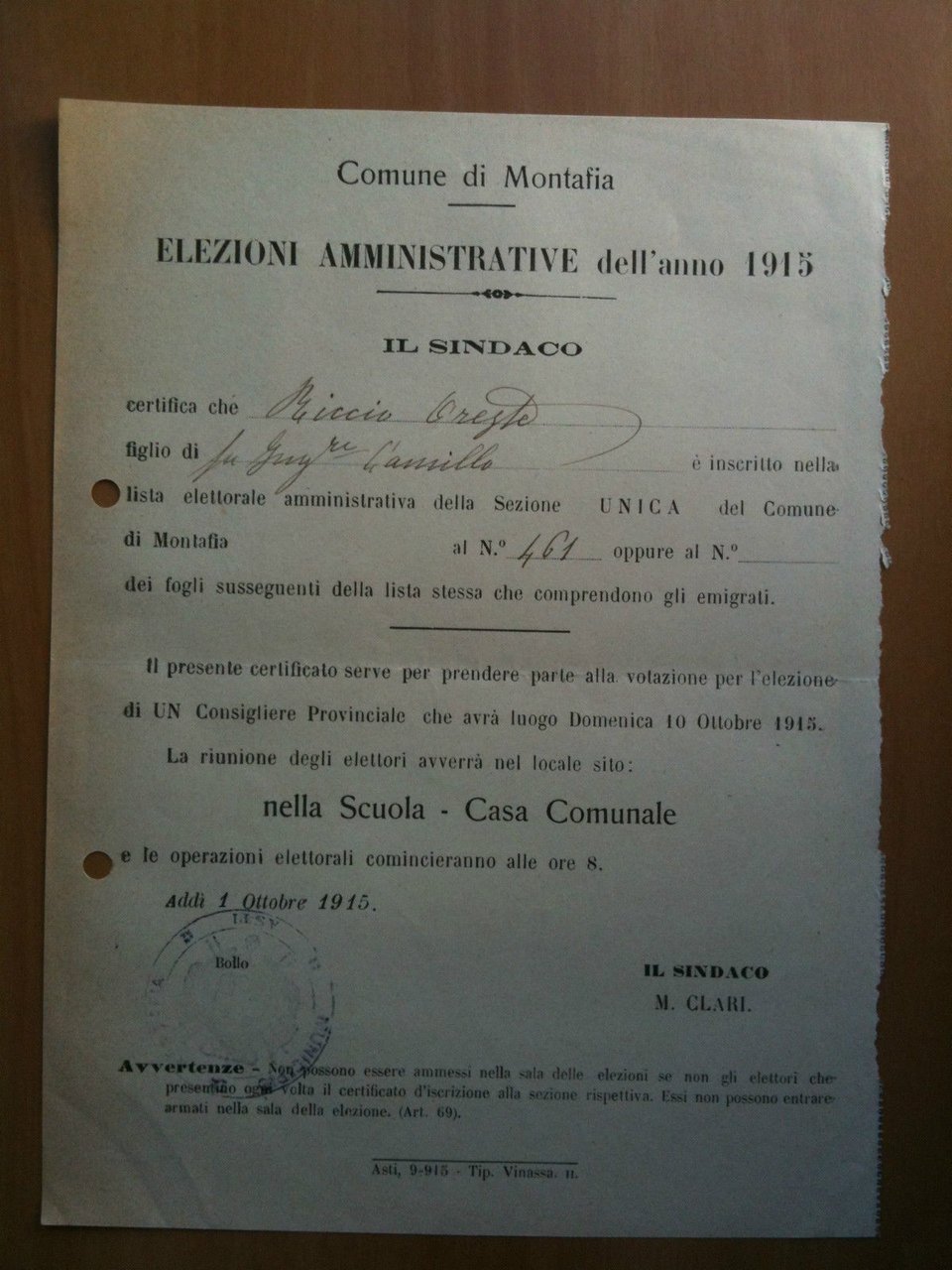 Comune di Montafia Elezioni Amministrative 1915