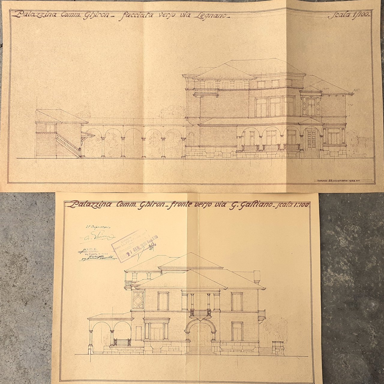 Stampa di due disegni del progetto architettonico della Palazzina Comm. …