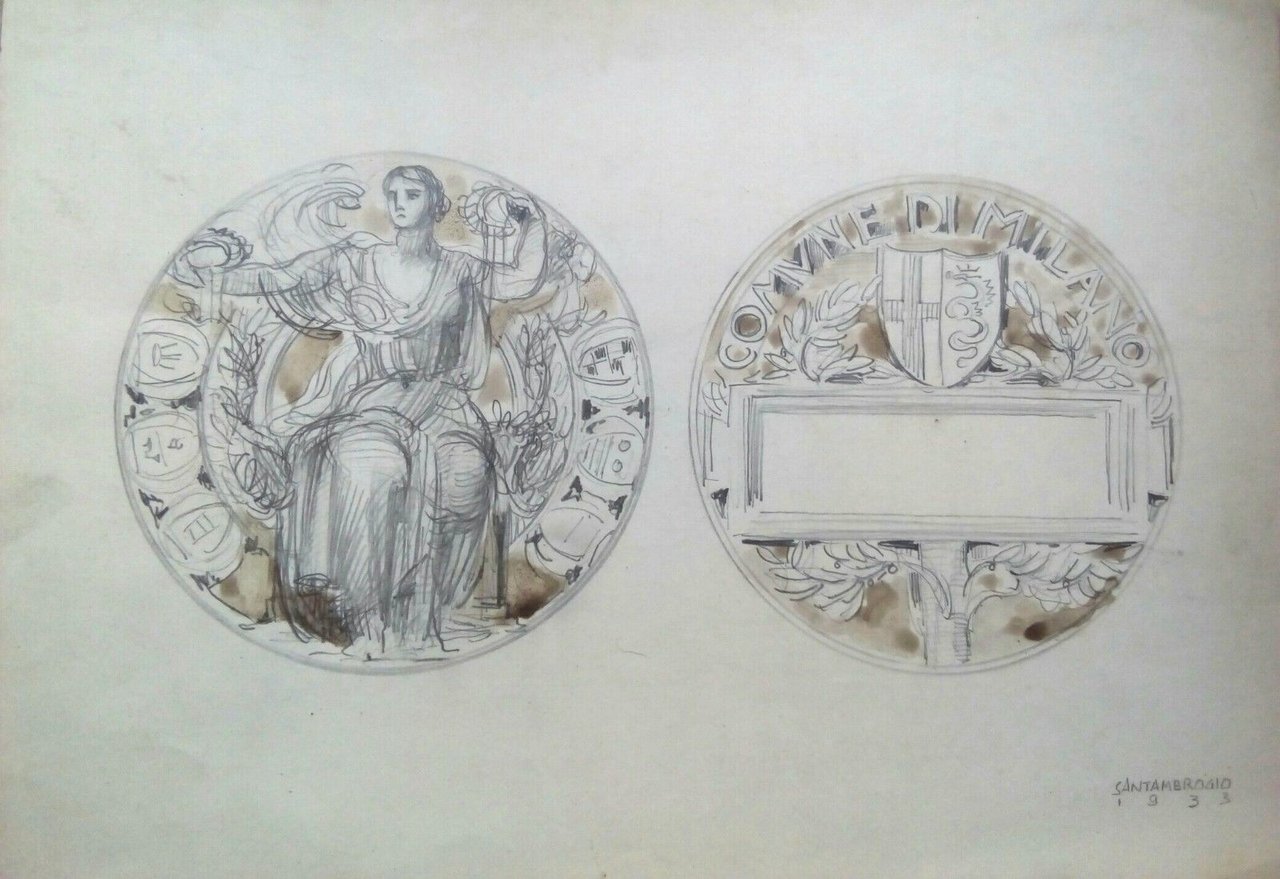 Diego SANTAMBROGIO bozzetto originale per medaglia Comune di Milano 1933