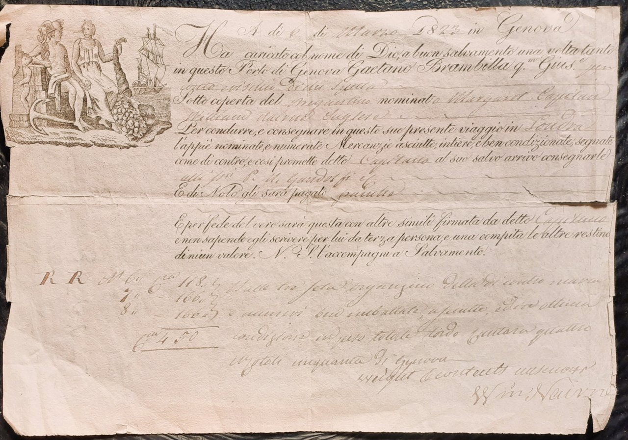 Documento d'imbaco Genova destinazione Londra su Brigantino, marzo 1823 | Immagine principale