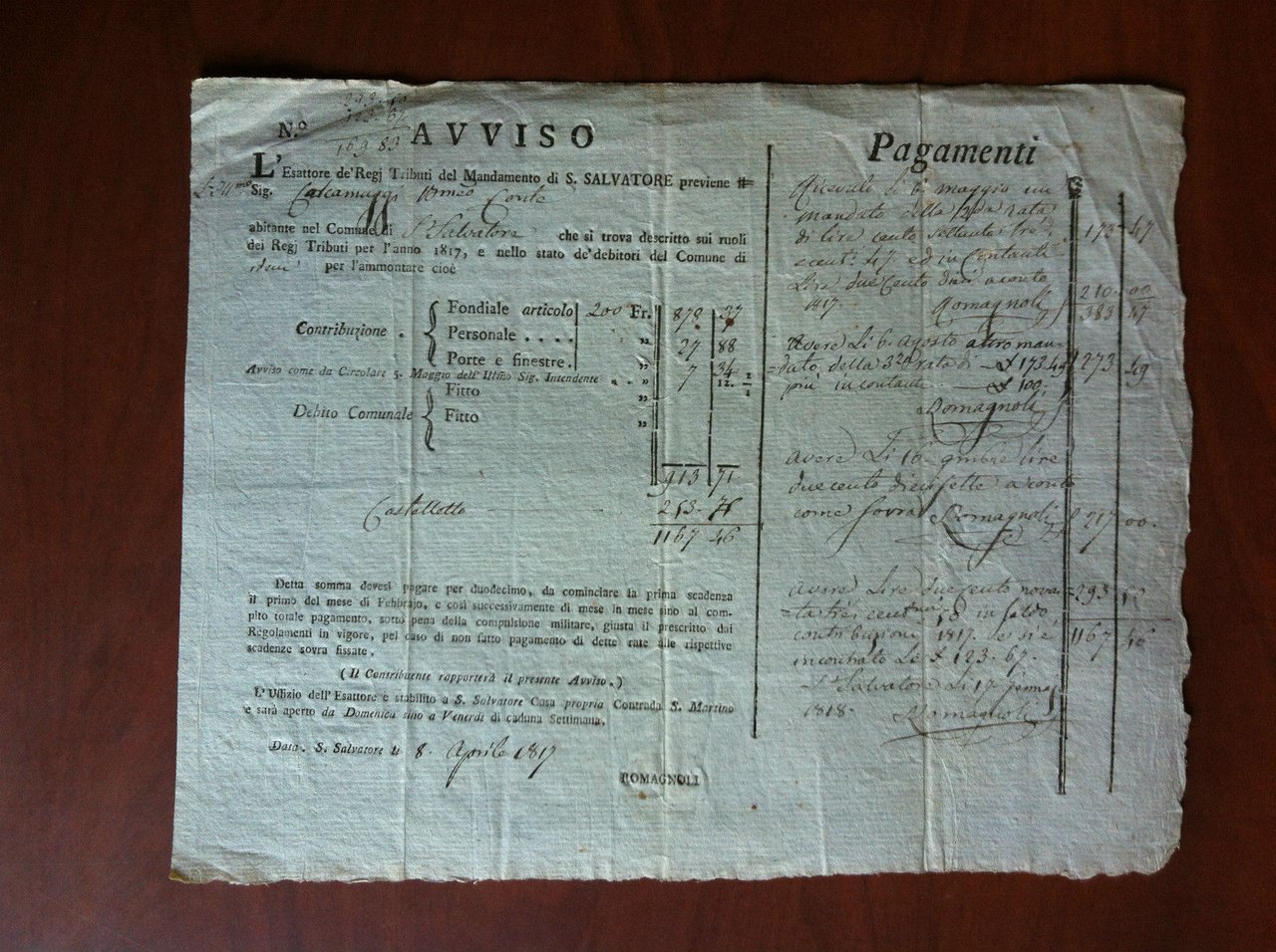 Documento originale 1817 Comune di S. Salvatore Avviso Pagamento E11443