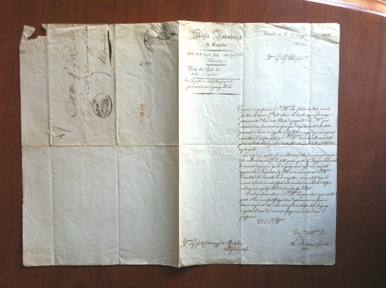 Documento originale 1838 Regia Intendenza di casale - E10814 | Immagine principale