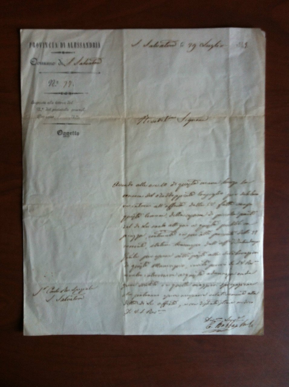 Documento originale 1849 Provincia di Alessandria Comune di S. Salvatore …
