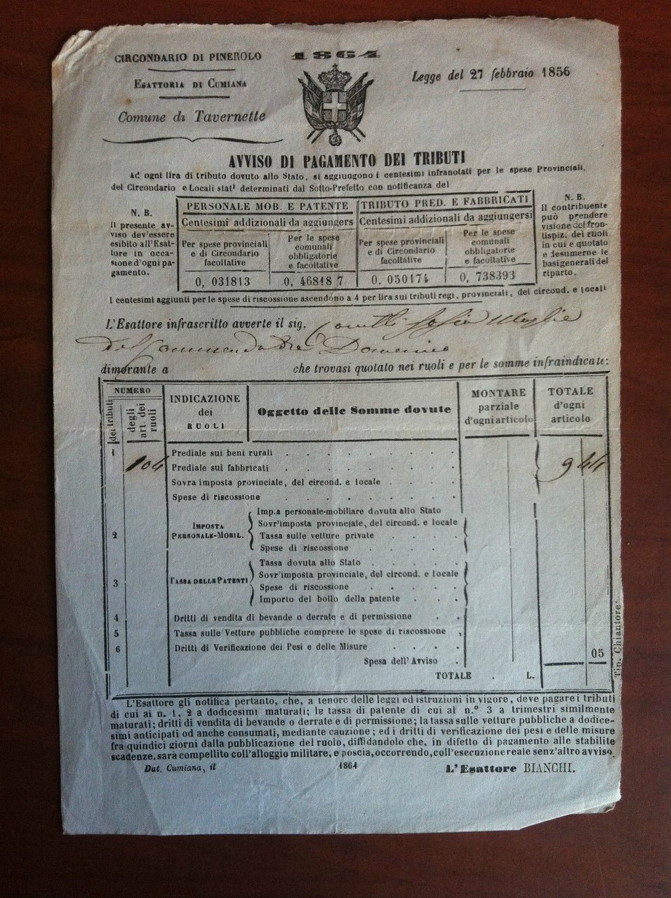 Documento originale 1856 Avviso pagam. tributi Pinerolo Cumiana Tavette - … | Immagine principale
