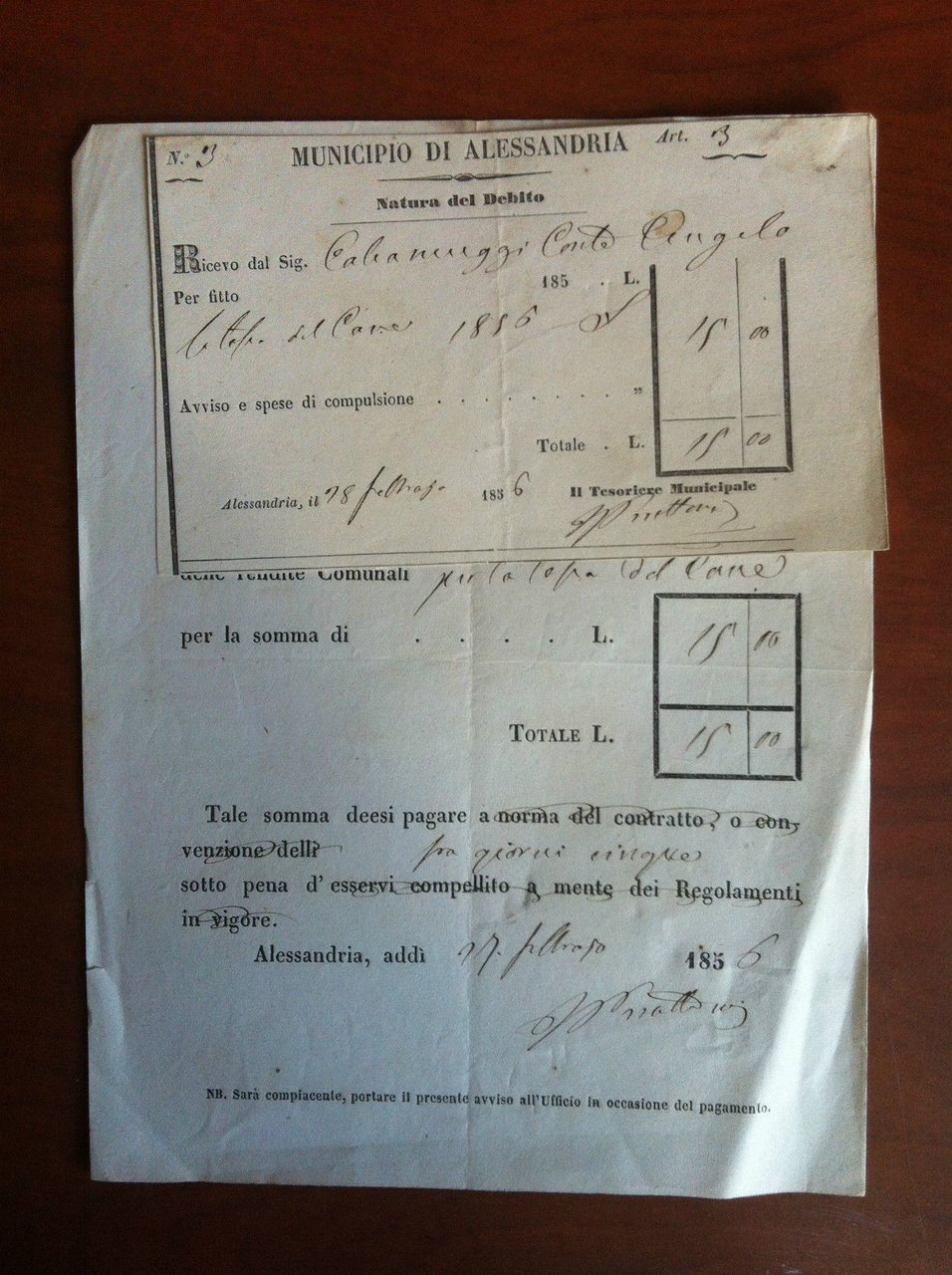 Documento originale 1856 Municipio di Alessandria ricevuta di pagamento - … | Immagine principale