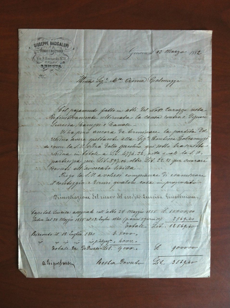 Documento originale 1882 Genova Procuratore Giuseppe Bacigalupi - E11446