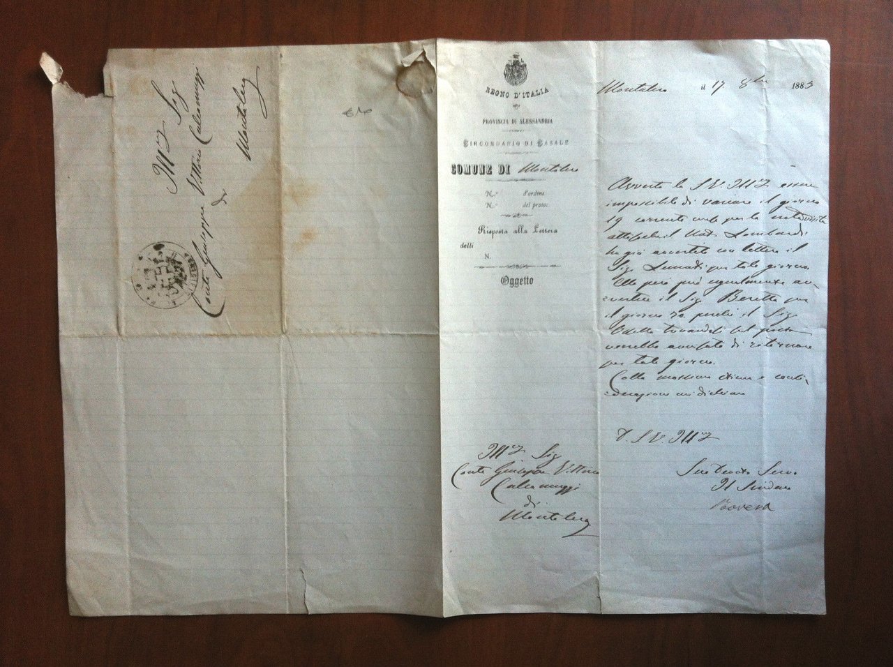 Documento originale 1883 Regno d'Italia Provinci di Alessandria Casale - …