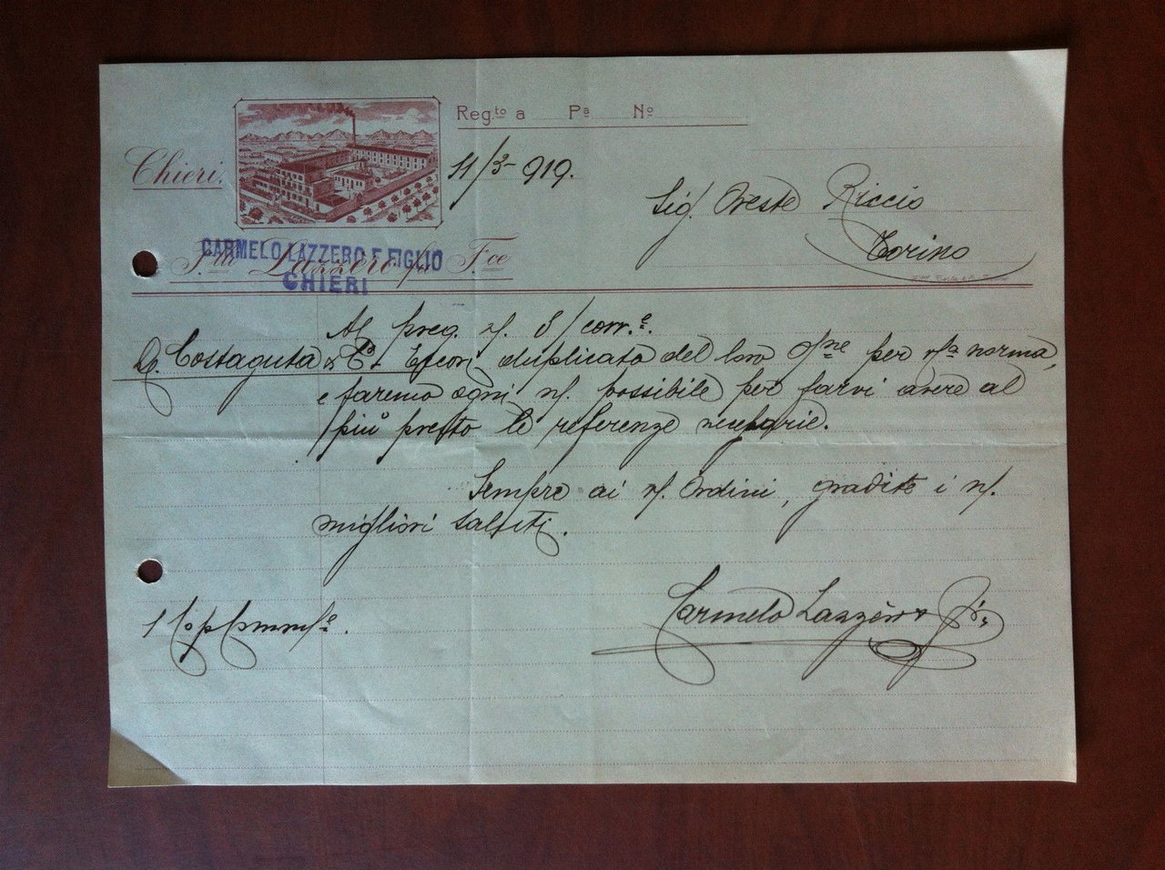 Documento originale 1919 Chieri F.lli Lazzero fu F.ce - E11717