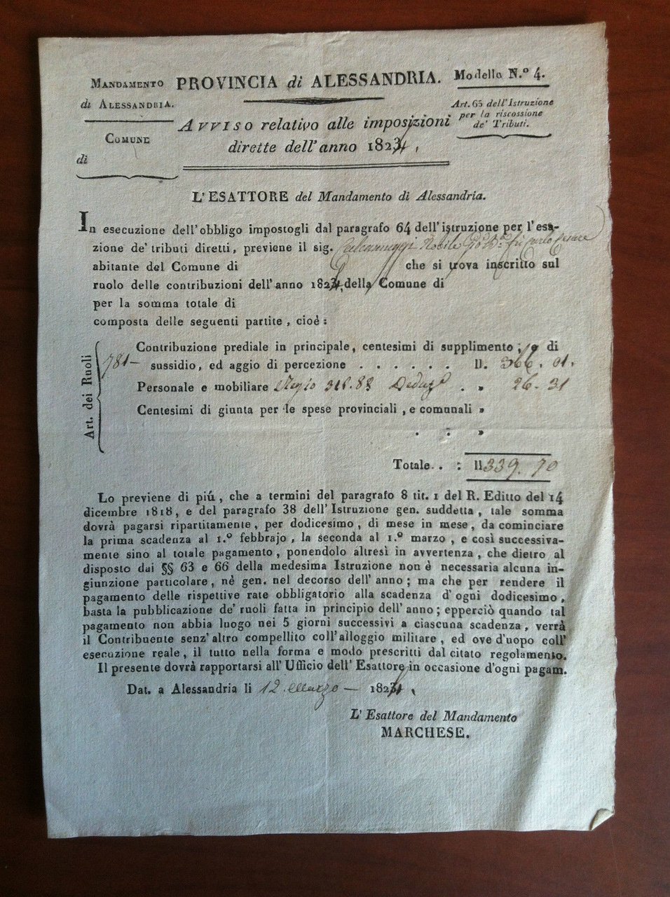 Documento originale del 1823 Provincia di Alessandria Imposizioni Dirette E15934 | Immagine principale