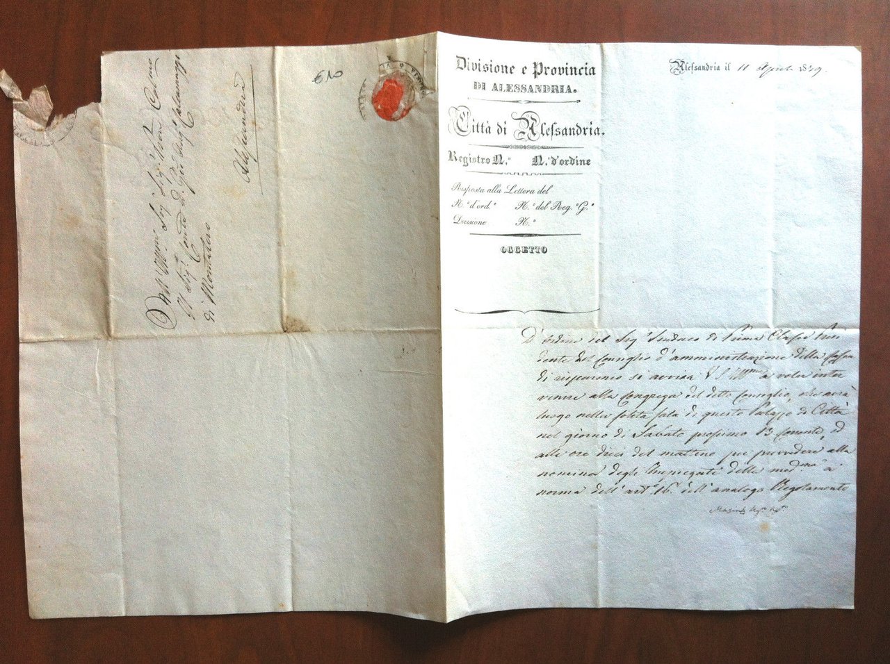 Documento originale della Divisione e Provincia di Alessandria 1839 - …