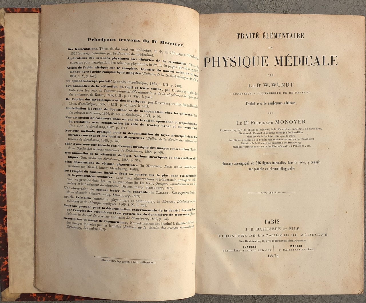 Dr. W. Wundt Traité élémentaire PHYSIQUE Médicale Paris 1871