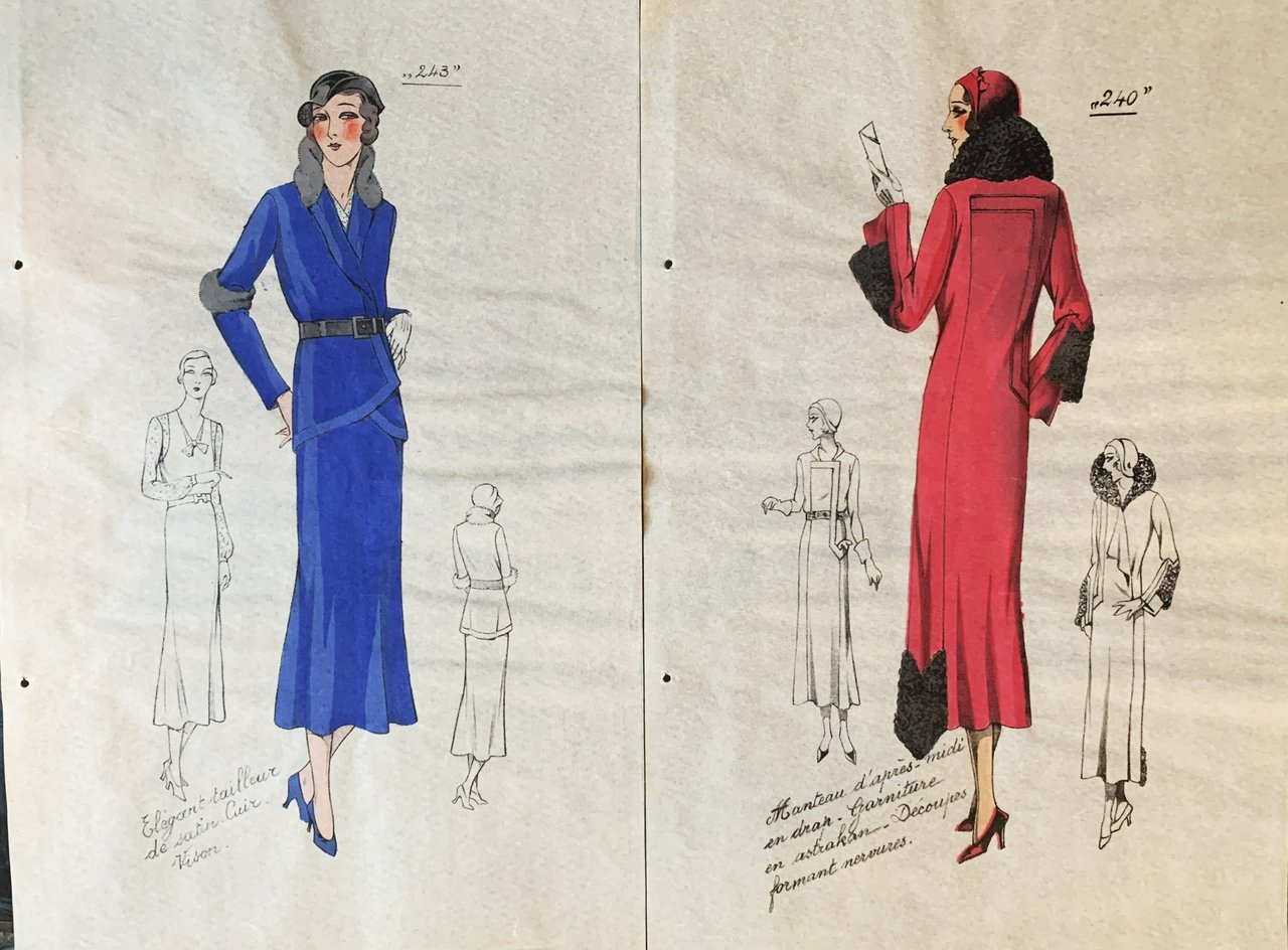Due cartamodelli francesi originali coloritura manuale 1930