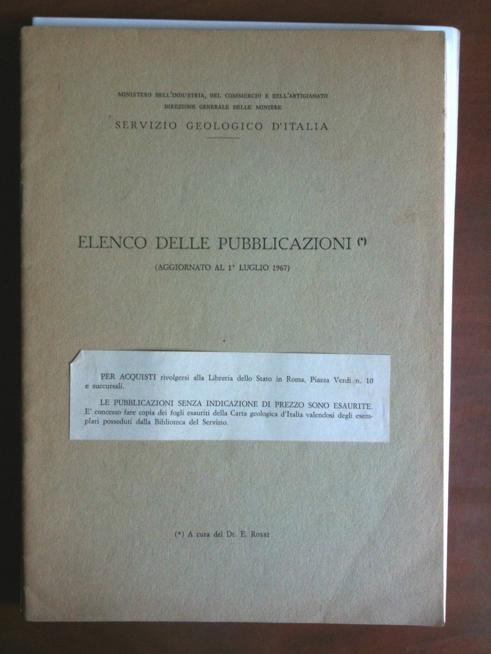 Elenco delle pubblicazioni Servizio Geologico Italiano 1967
