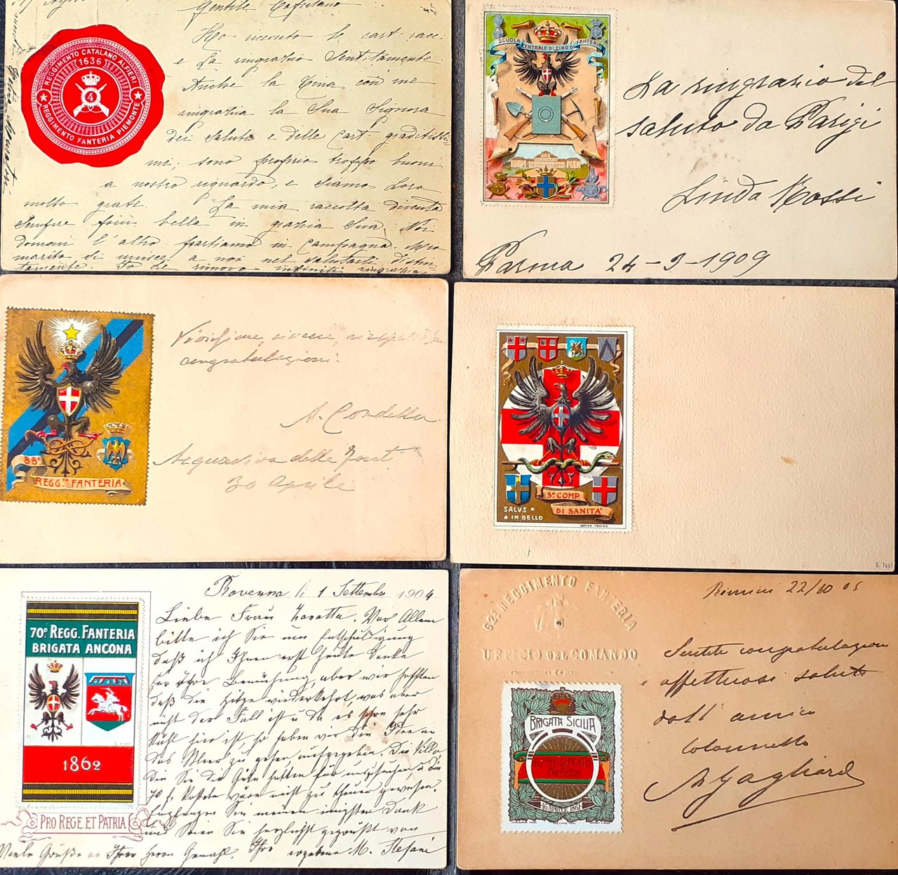 Erinnofilia Sei Bolli Reggimentali o militari abbinati a cartolina postale