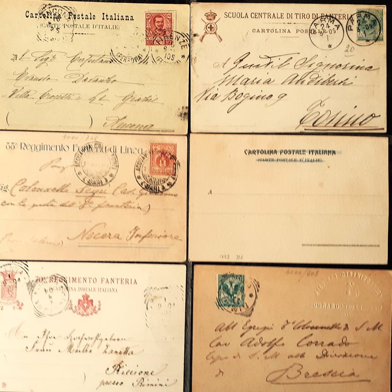Erinnofilia Sei Bolli Reggimentali o militari abbinati a cartolina postale