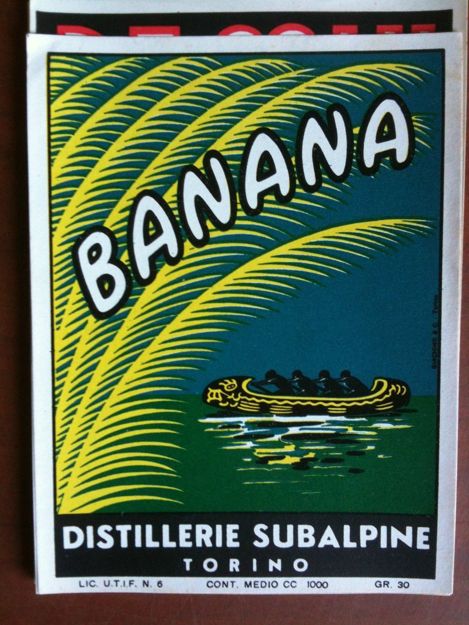 Etichetta liquore cromolitografia BANANA Distillerie Subalpine inizi '900