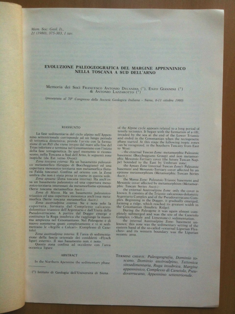 Evoluzione paleografica del margine appenninico nella Toscana sud dell'Arno 1980
