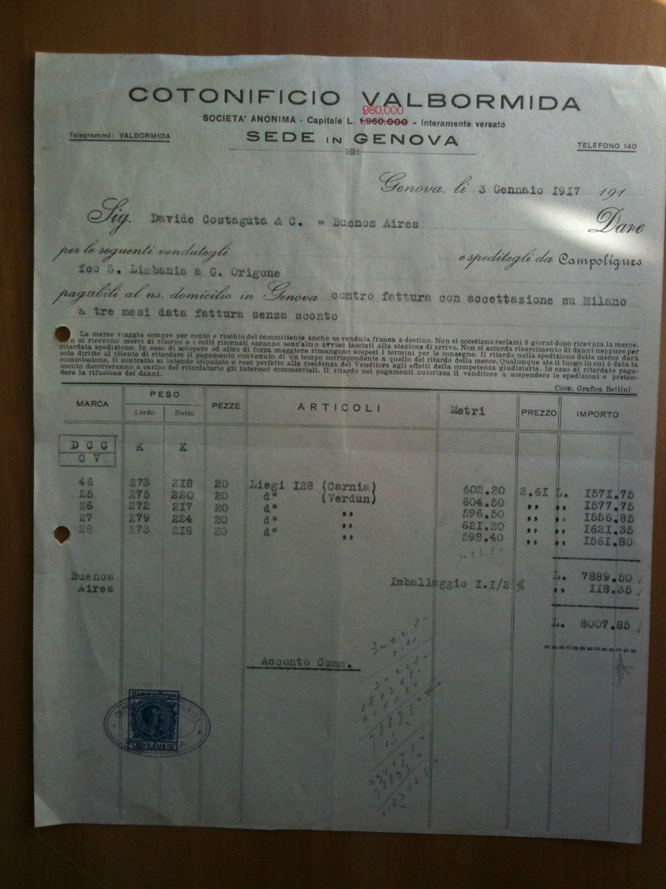 Fattura Commerciale Cotonificio Valbormida Genova 1917 - E1443 | Immagine principale