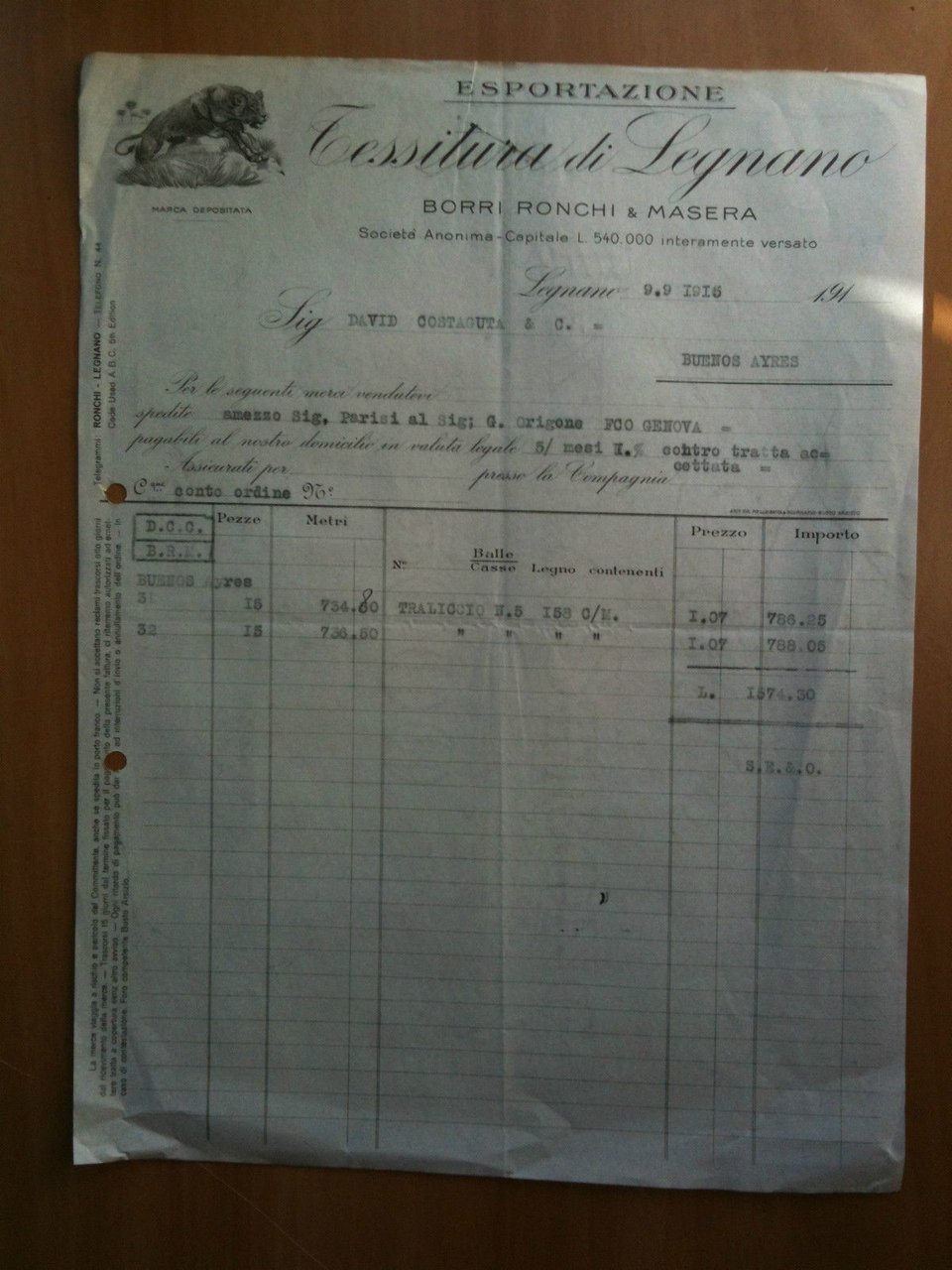 Fattura Commerciale Esportazione Borri Ronchi e Masera Buenos Ayres 1915 …