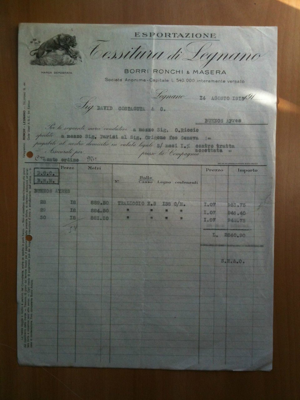 Fattura Commerciale Esportazione Borri Ronchi e Masera Buenos Ayres 1915 …