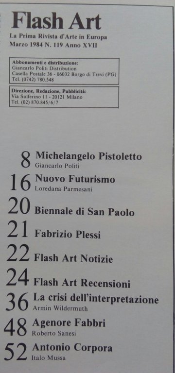 Flash Art n^ 119 marzo/aprile 1984 cover M.Pistoletto