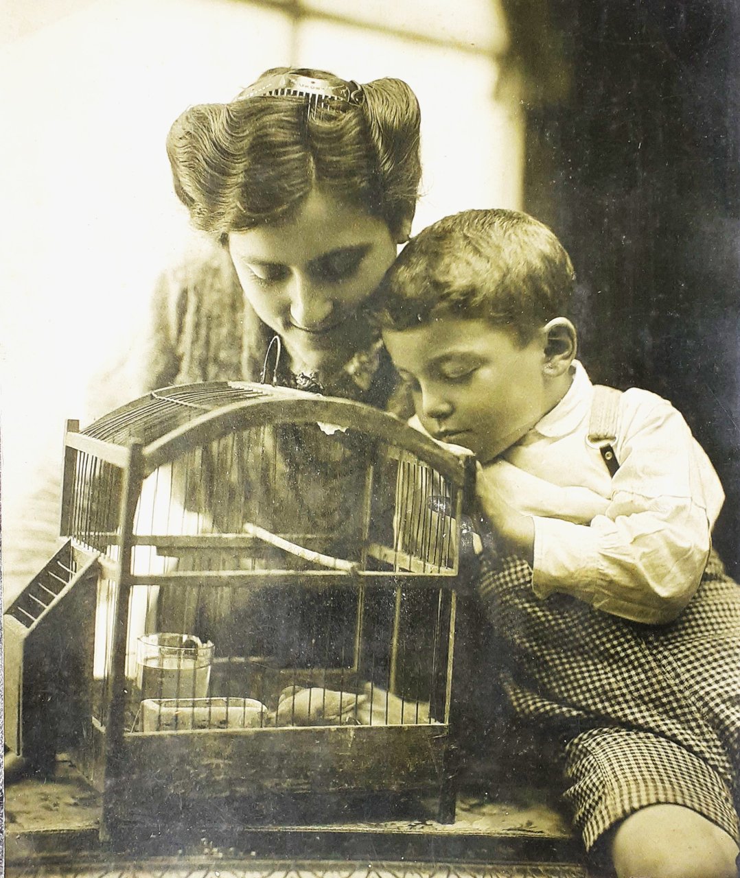 Fotografia originale inizi '900 Donna con bambino e canarino - …