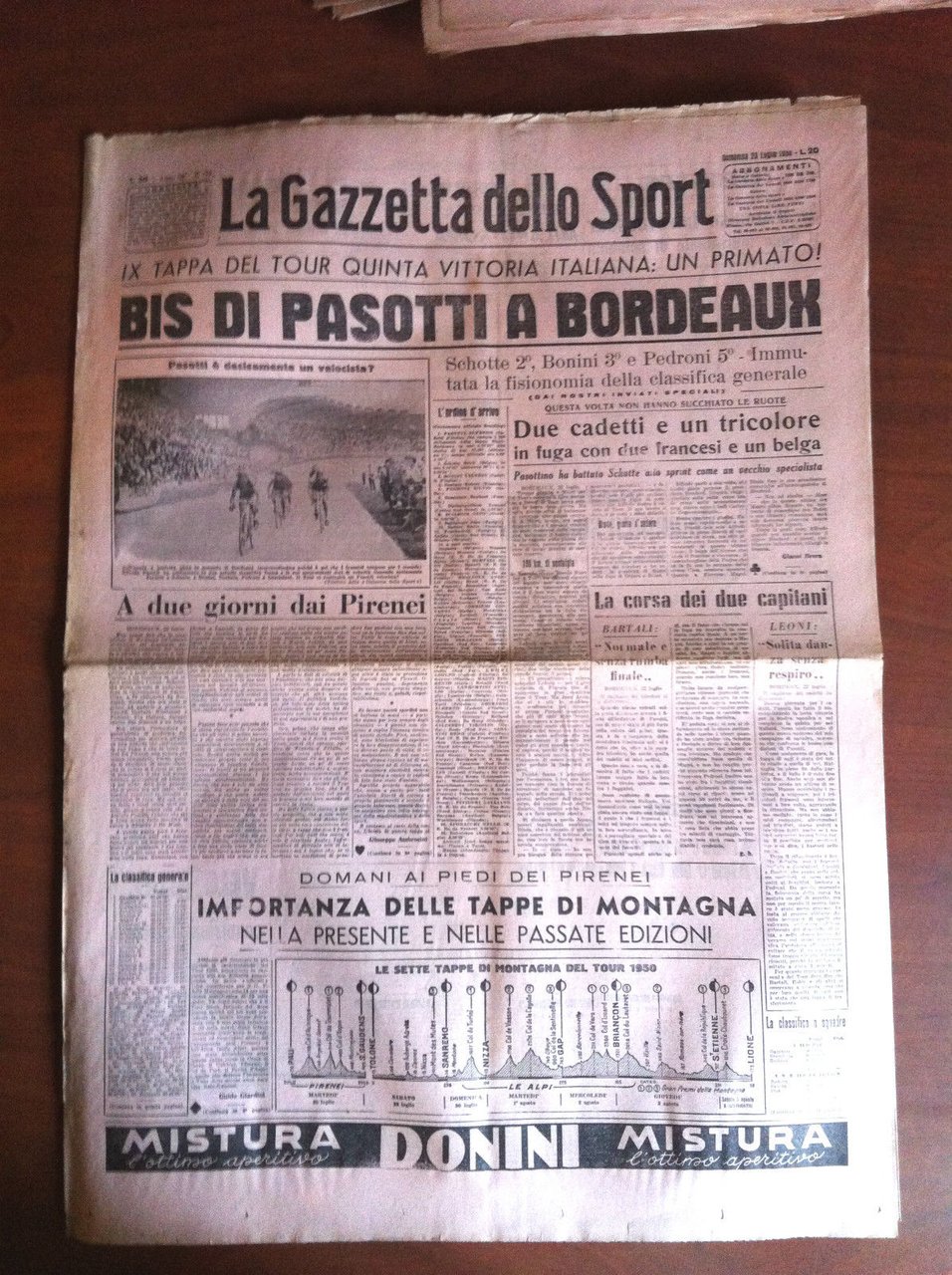 Gazzetta dello sport 23 Luglio 1950 Tour de France Pasotti …