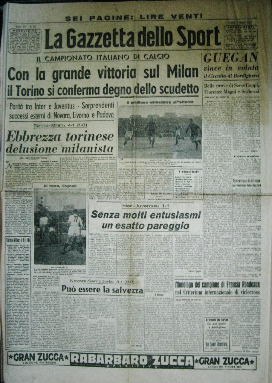 Gazzetta dello sport 7 marzo 1949 Grande Torino
