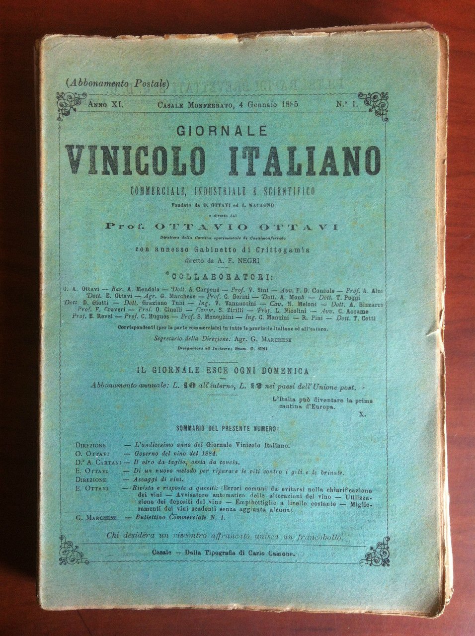 Giornale Vinicolo Italiano Anno XI n^1 Casale Monferrato 4 Gennaio …