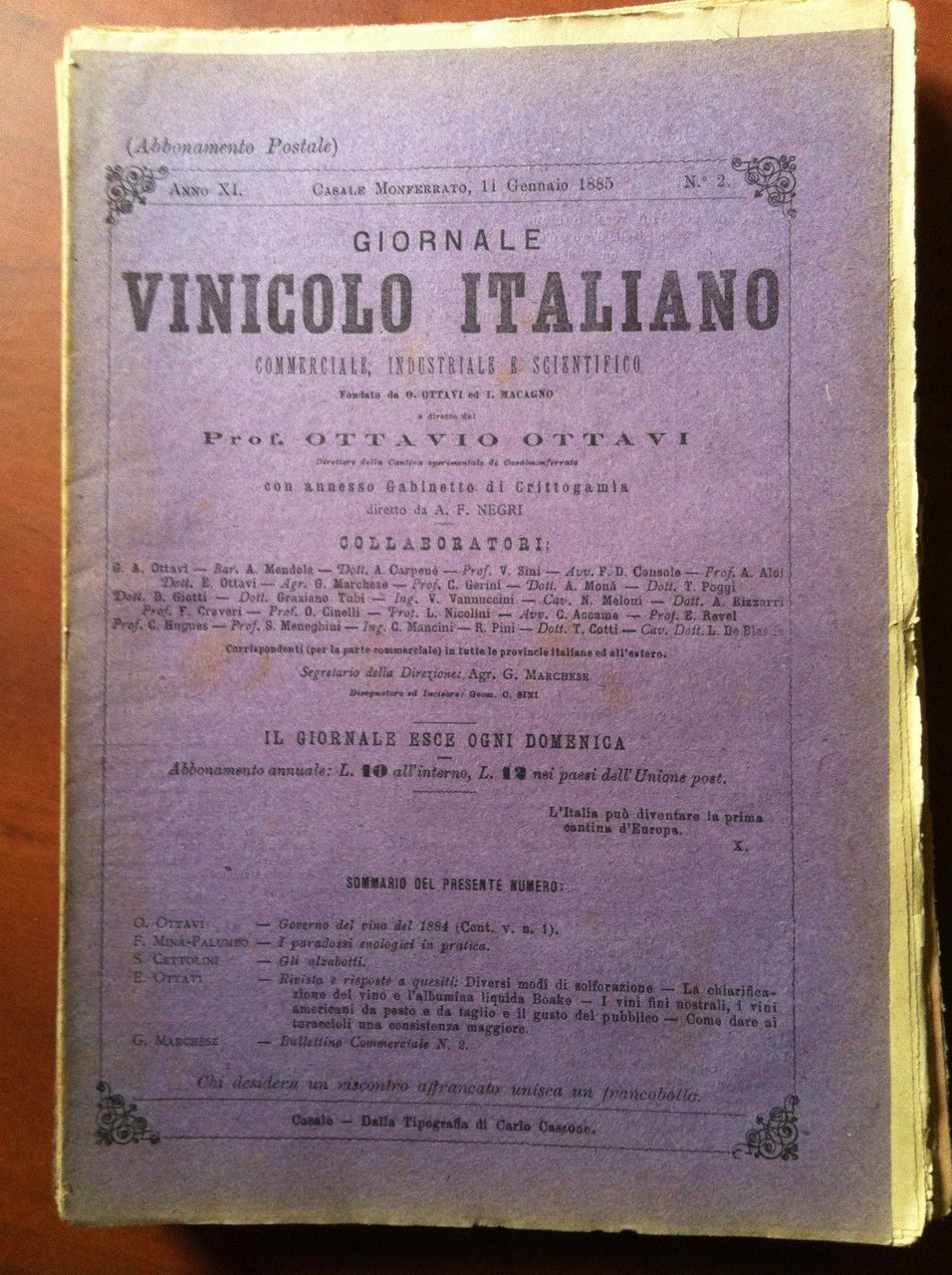 Giornale Vinicolo Italiano Anno XI n^2 Casale Monferrato 1 Gennaio …