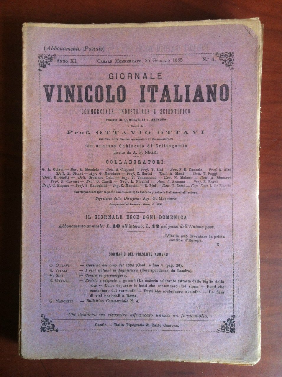 Giornale Vinicolo Italiano Anno XI n^4 Casale Monferrato 25 Gennaio …