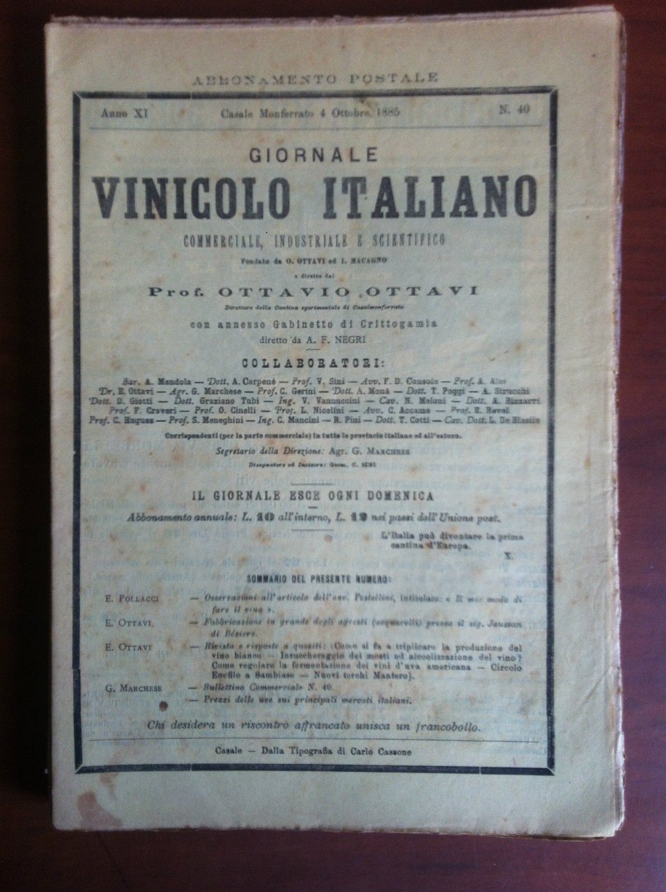 Giornale Vinicolo Italiano Anno XI n^40 Casale M.to 4 Ottombre …