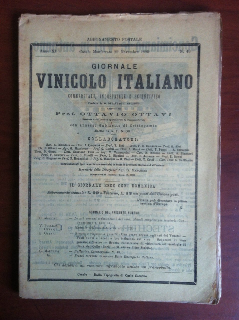 Giornale Vinicolo Italiano Anno XI n^48 Casale M.to 29 Novembre …