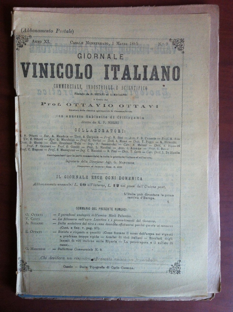 Giornale Vinicolo Italiano Anno XI n^ 9 Casale Monferrato 1 …