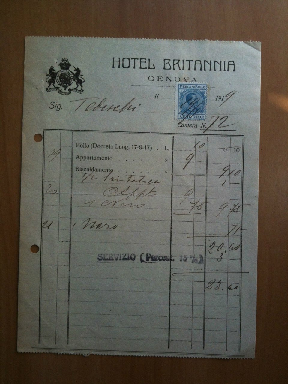 Hotel Britannia Genova Ricevuta 1919