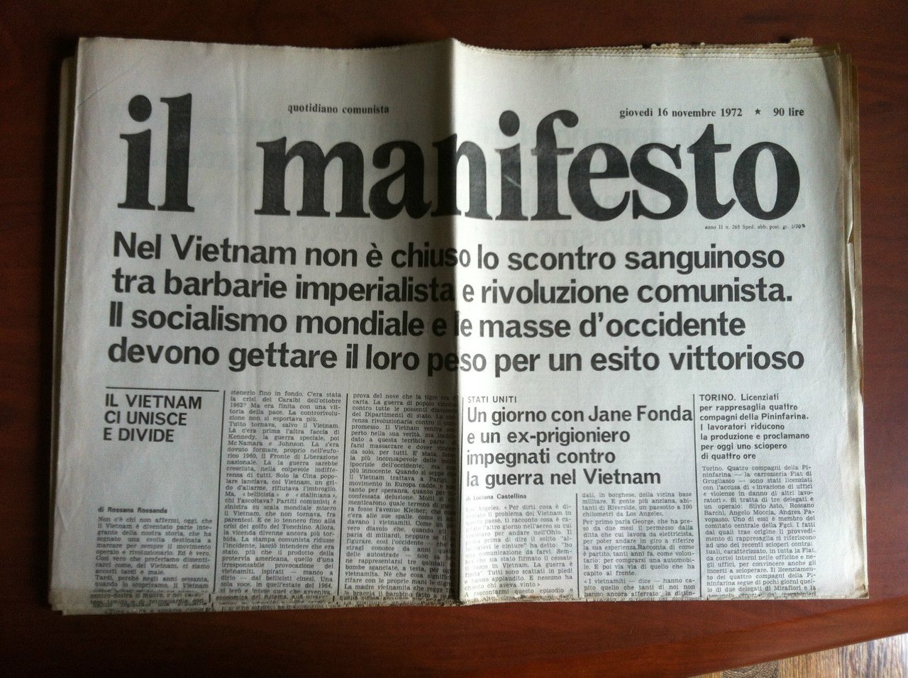 Il Manifesto anno II n^ 265 Giovedì 16 Novembre 1972 …