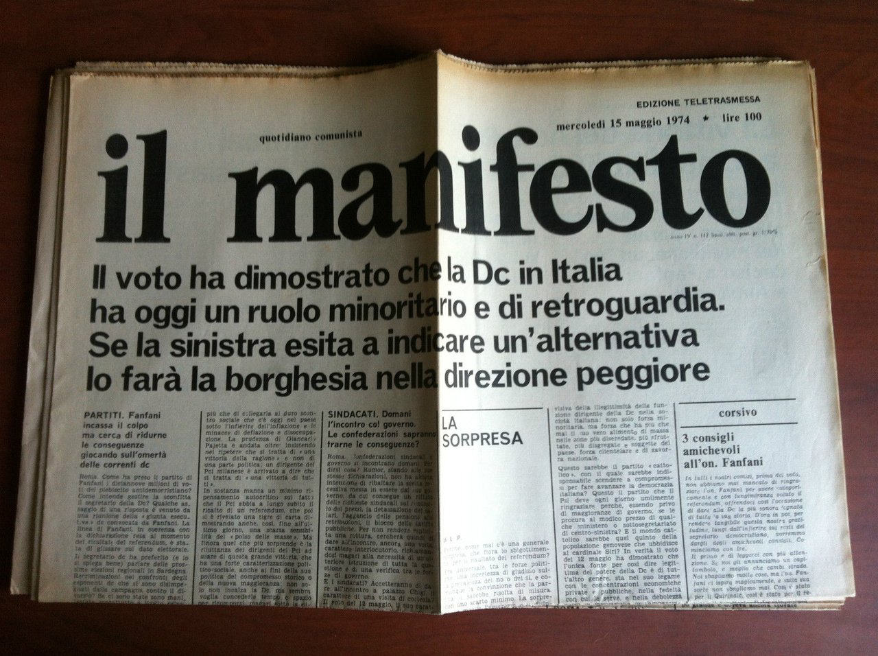 Il Manifesto anno IV n^ 112 Mercoledì 15 Maggio 1974 …
