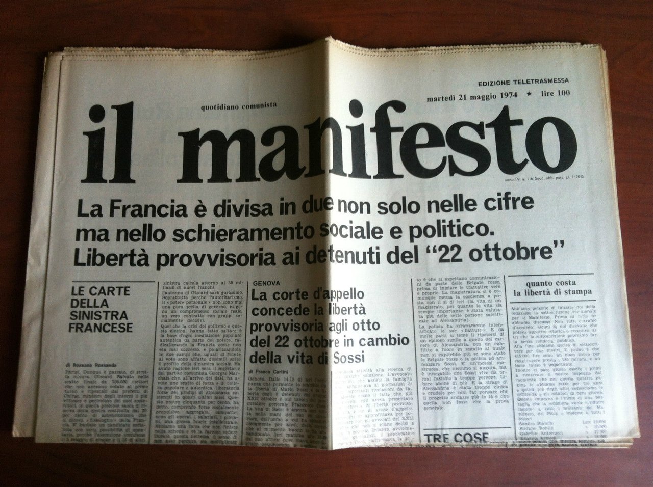 Il Manifesto anno IV n^ 116 Martedì 21 Maggio 1974 …