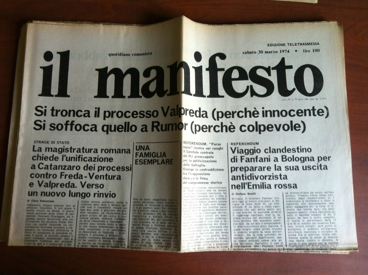 Il Manifesto anno IV n^ 75 Sabato 30 Marzo 1974 …